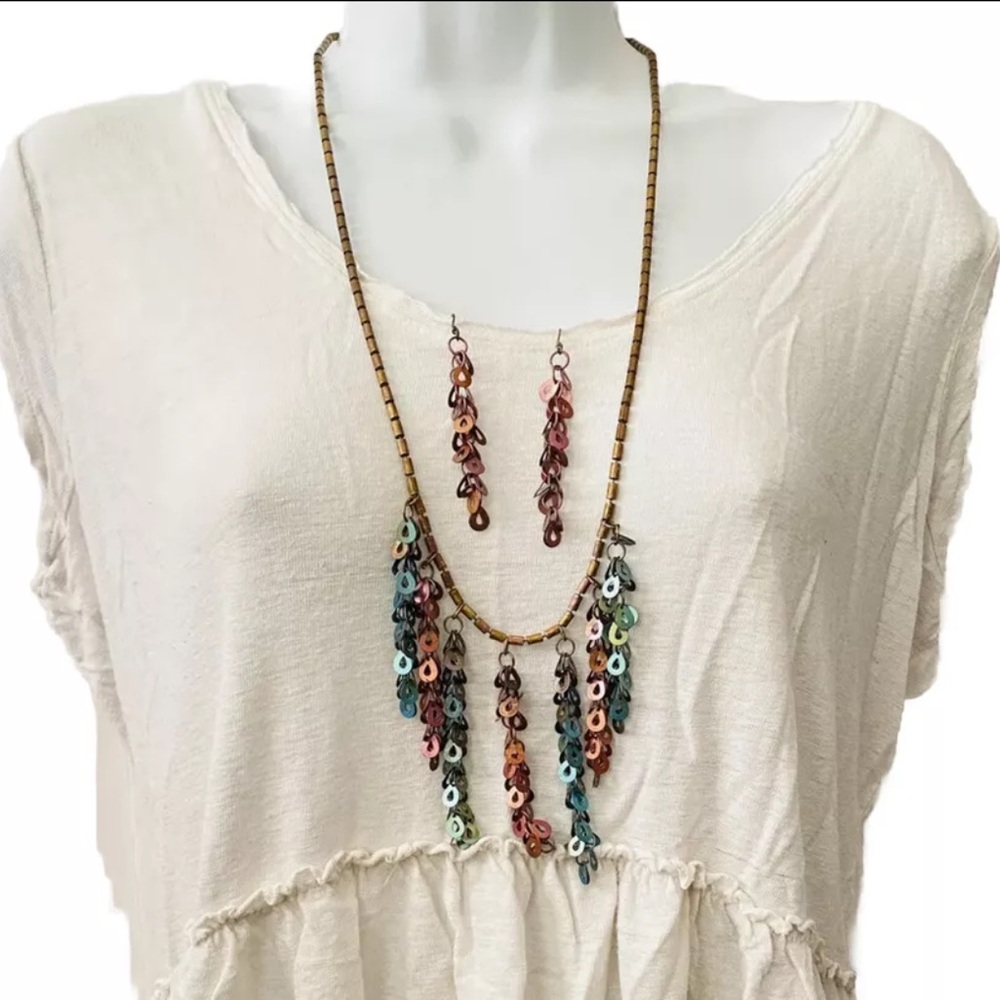 Sarah Cavender Metalworks 32.5" Long Multi Color Fringe Necklace & Earrings Set